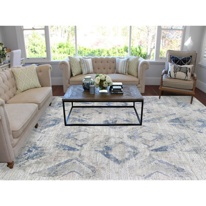8'10"X12'1" Ivory Large Elements With Pastels Silk With Textured Wool Rug