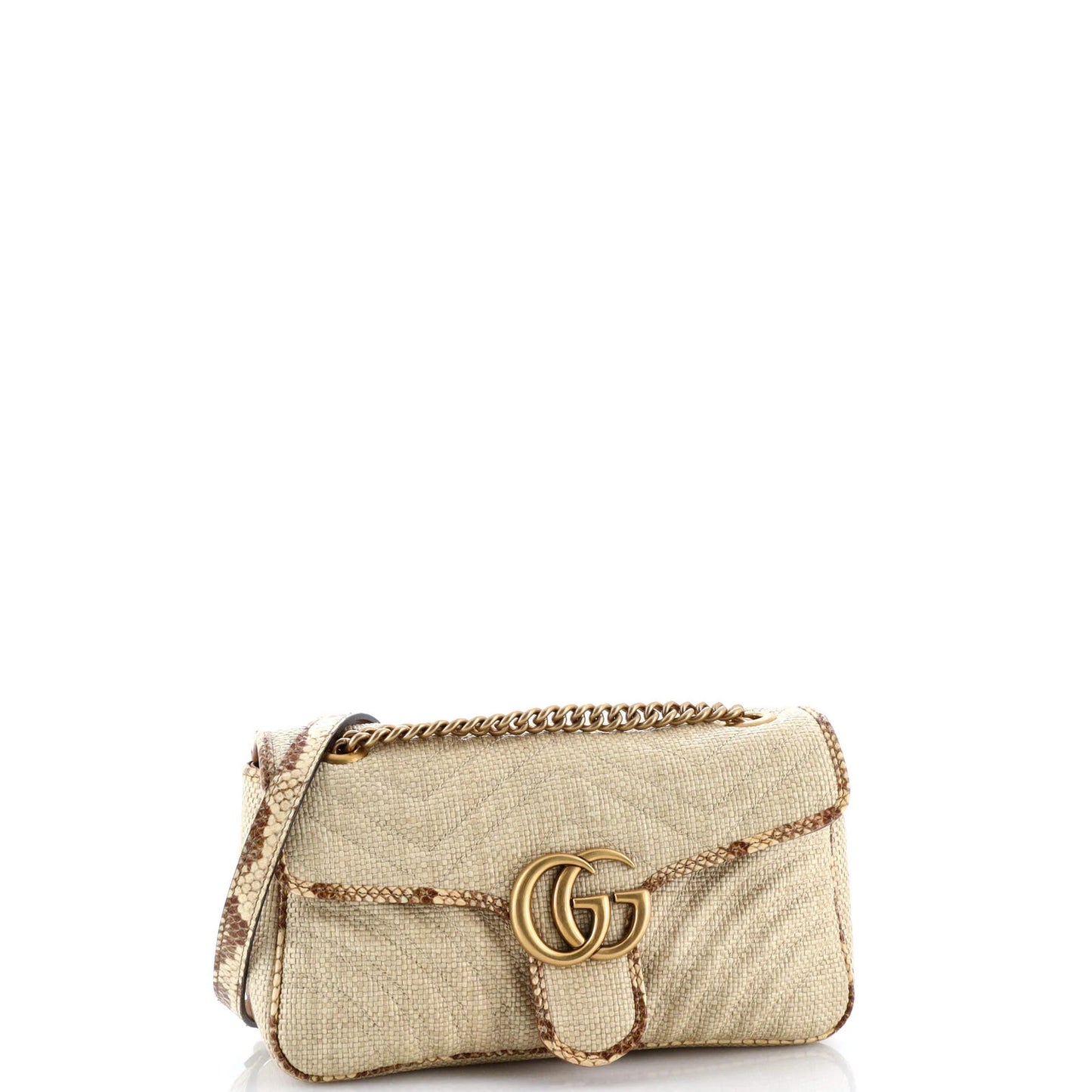 Gucci Gg Marmont Flap Bag Matelasse Raffia With Snakeskin Small