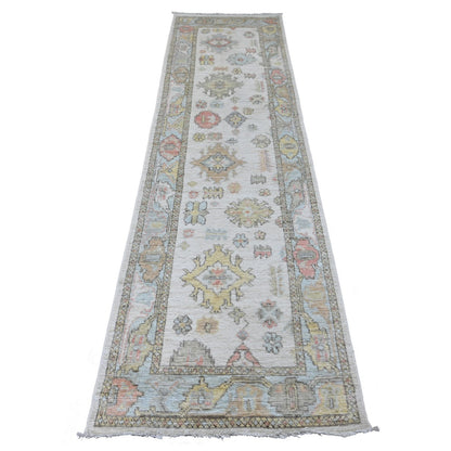 2'7"X9'8" White Wool Hand Knotted Angora Oushak Leaf Pattern Runner Rug