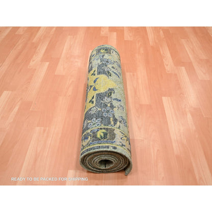 2'7"X12'3" Green Erased Birds Design Pure Wool Hand Knotted Runner Rug