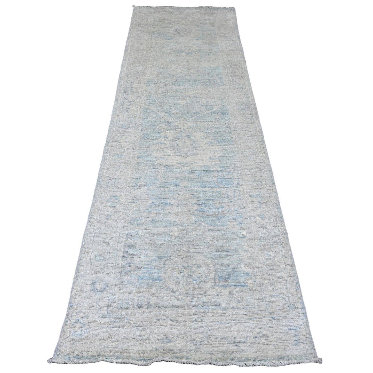 2'10"X9'7" Blue Angora Oushak Leaf Design Wool Hand Knotted Runner Rug