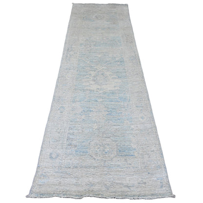 2'10"X9'7" Blue Angora Oushak Leaf Design Wool Hand Knotted Runner Rug