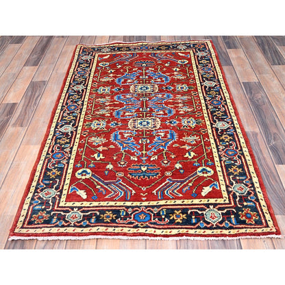 2'10"X4'7" Barn Red Seeripe Heris Design Soft Wool Hand Knotted Rug