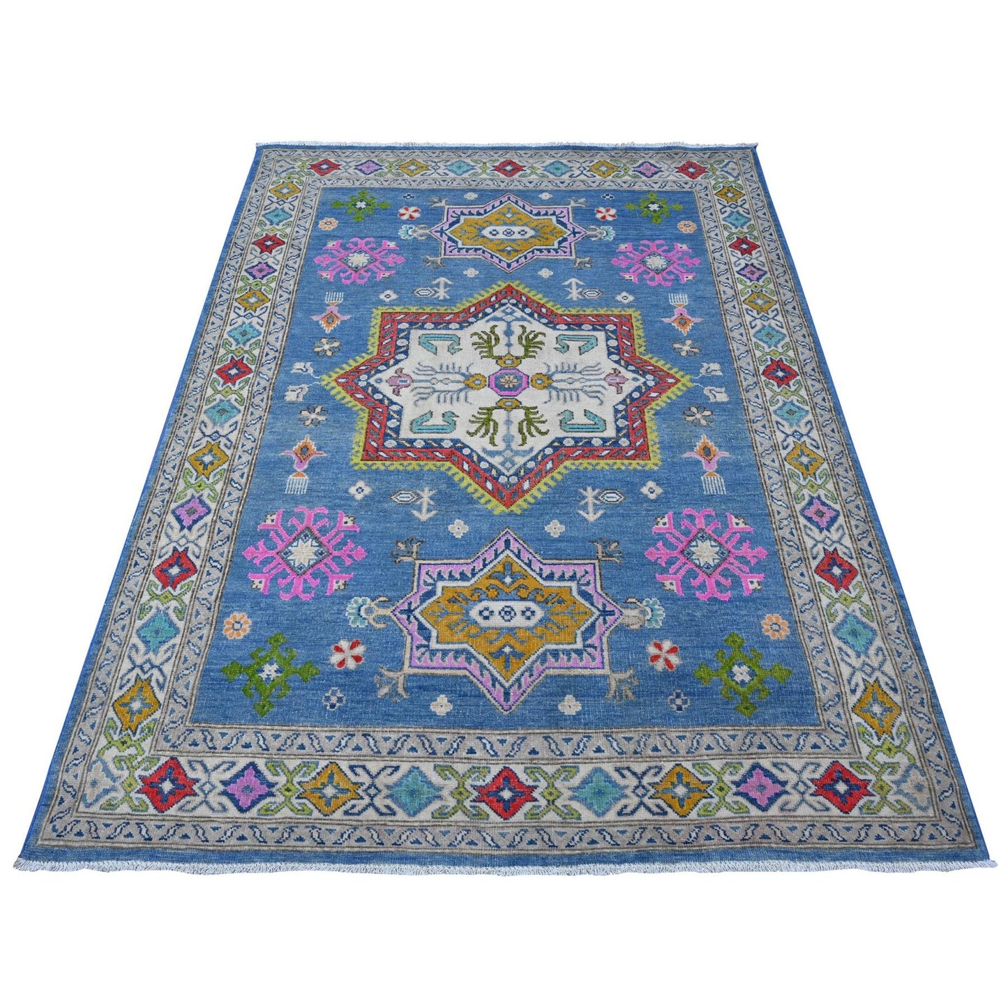 5'X6'5" Air Superiority Blue Hand Knotted Fusion Kazak Oriental Rug