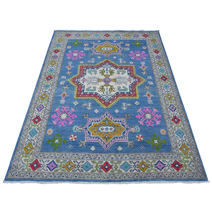 5'X6'5" Air Superiority Blue Hand Knotted Fusion Kazak Oriental Rug