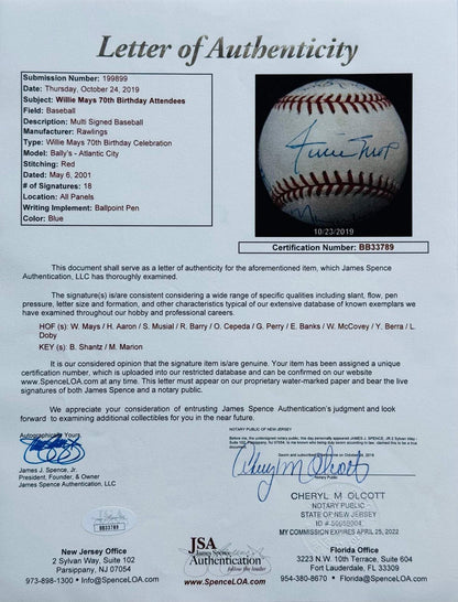 Mays Willie 70th Birthday Autographed Baseball Attendees JSA