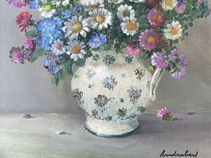 French Still Life Flowers Oil Painting in Vase Signed Framed by Andre Robert