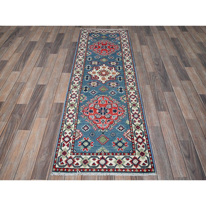 2'1"X6'1" Blue Kazak With Medallion Design All Wool Hand Knotted Runner Rug