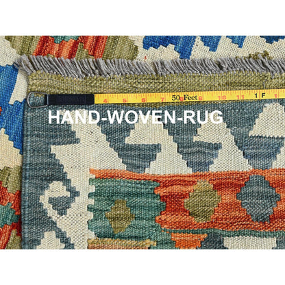 2'10"X8'3" Blue Flat Weave Geometric Afghan Kilim Pure Wool Runner Rug