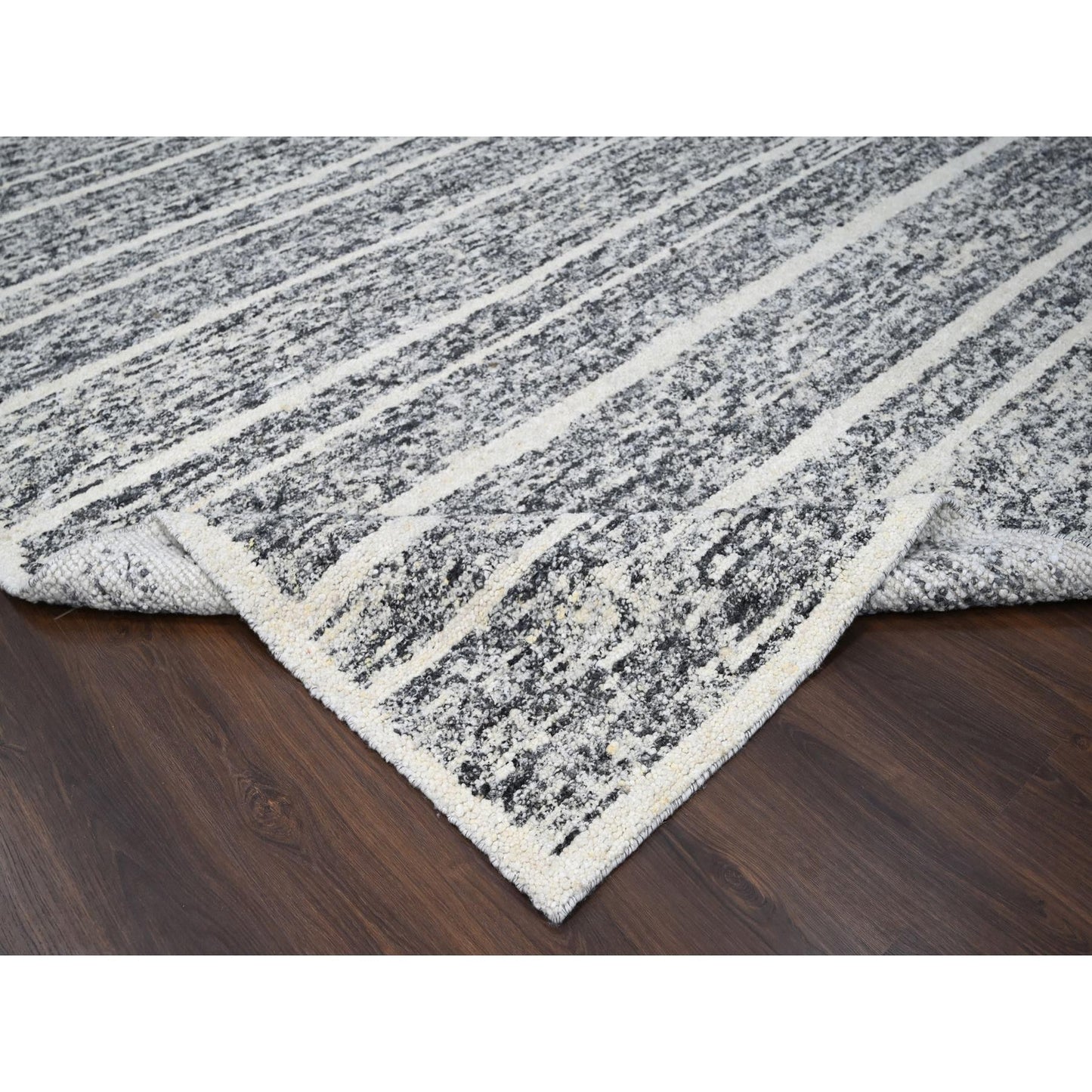 10'3"X14'1" Black And Ivory Modern Striae Design Wool Hand Knotted Rug