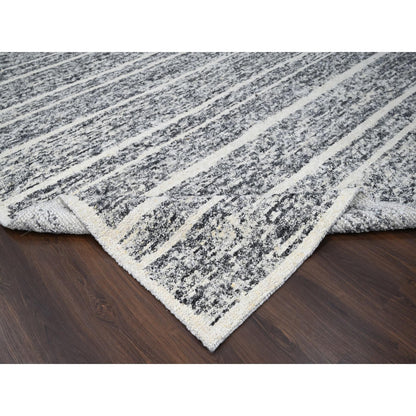 10'3"X14'1" Black And Ivory Modern Striae Design Wool Hand Knotted Rug
