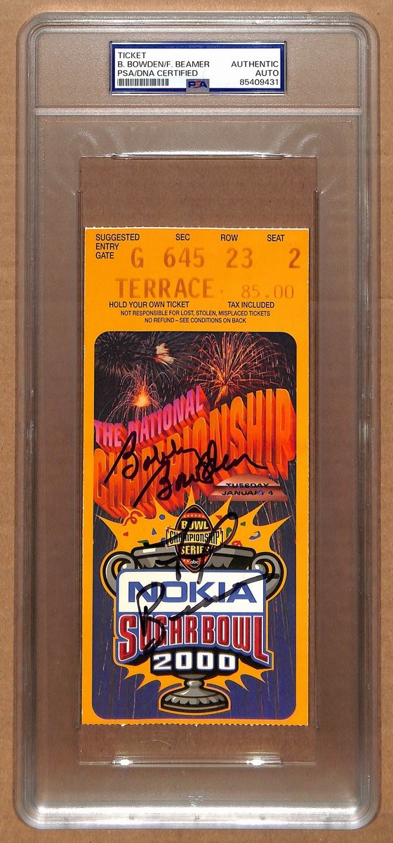 Bobby Bowden/Frank Beamer Signed/Auto 2000 Sugar Bowl Full Ticket Psa/Dna 194192