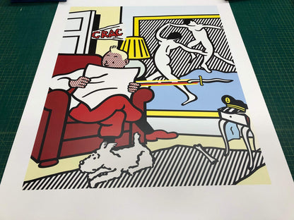 Roy Lichtenstein Tintin Reading " Poster Pop Art Gray, White, Mul