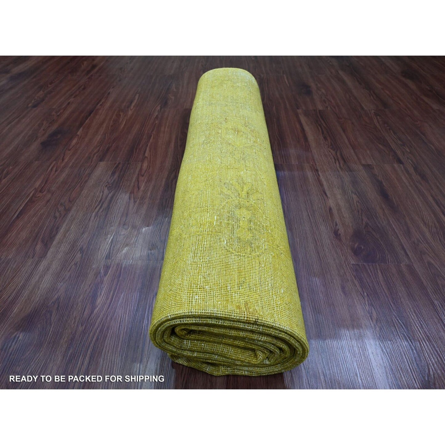 7'7"X9'7" Yellow Overdyed Zero Pile Tribal Design Hand Knotted Wool Rug