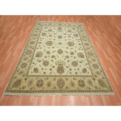 7'3"X9'3" Ivory Hand Knotted Agra Ziegler Design Leaf Pattern Wool Rug