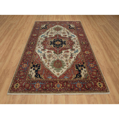 6'2"X9'1" Ivory Antiqued Heris Re-Creation Hand Knotted Soft Wool Rug