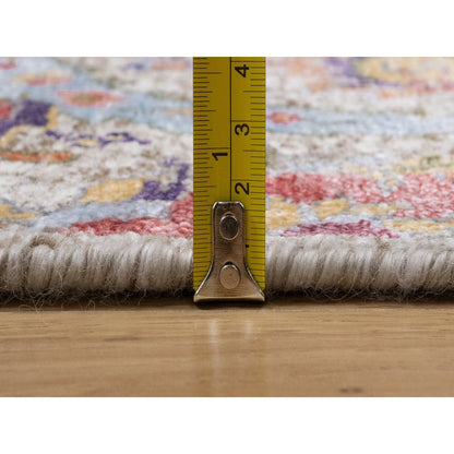 2'5"X26' White Silk With Wool Hand Knotted Sickle Leaf Design Runner Rug