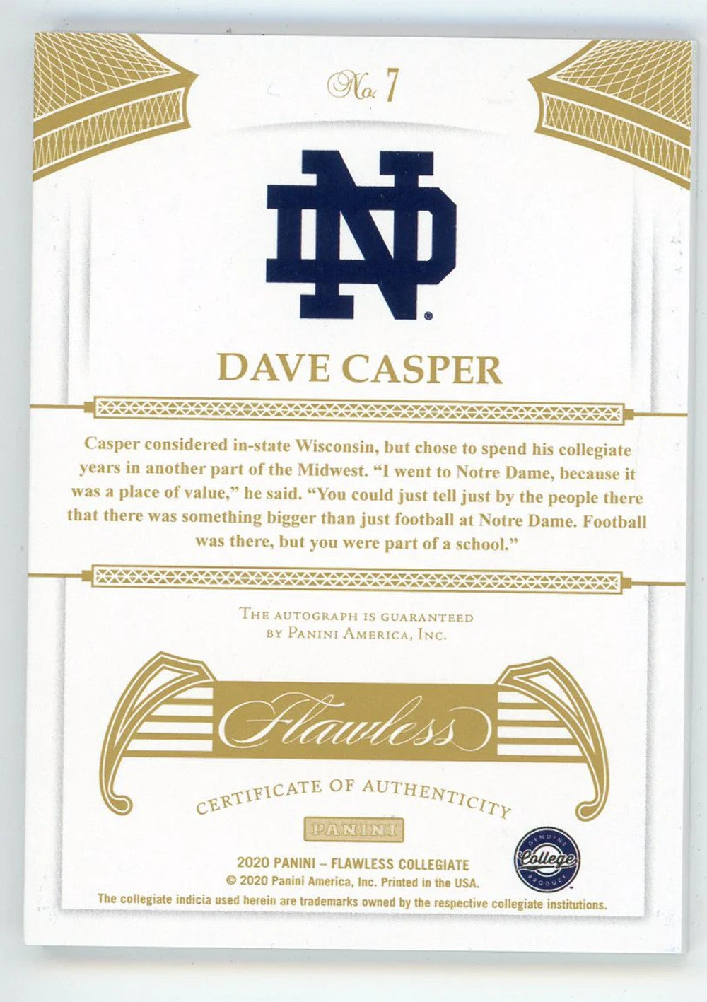 Dave Casper 2020 Panini Flawless Autographed #7