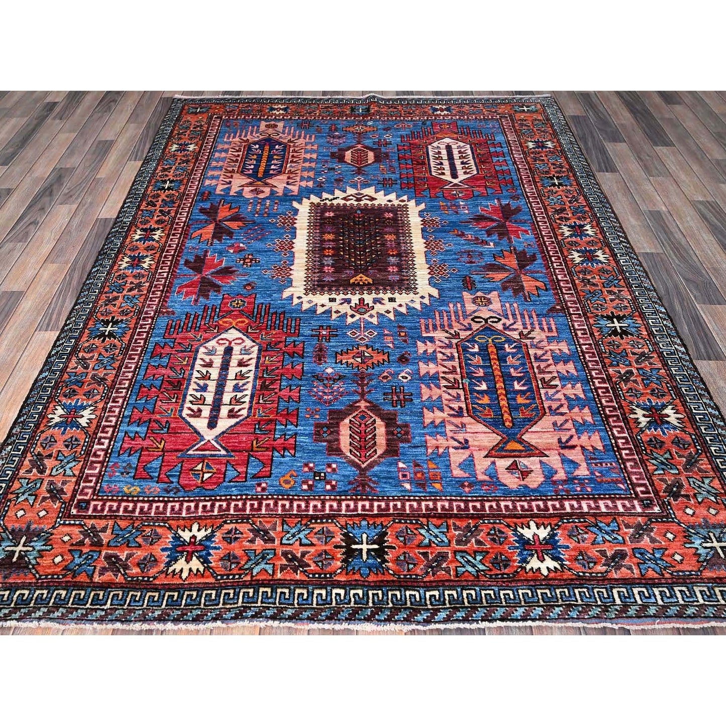 6'X7'8" Blue Afghan Ersari Caucasian Design Revival Hand Knotted Wool Rug