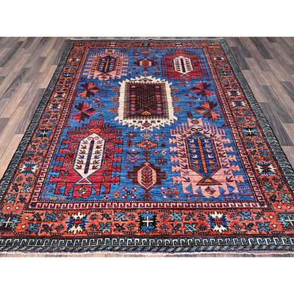 6'X7'8" Blue Afghan Ersari Caucasian Design Revival Hand Knotted Wool Rug