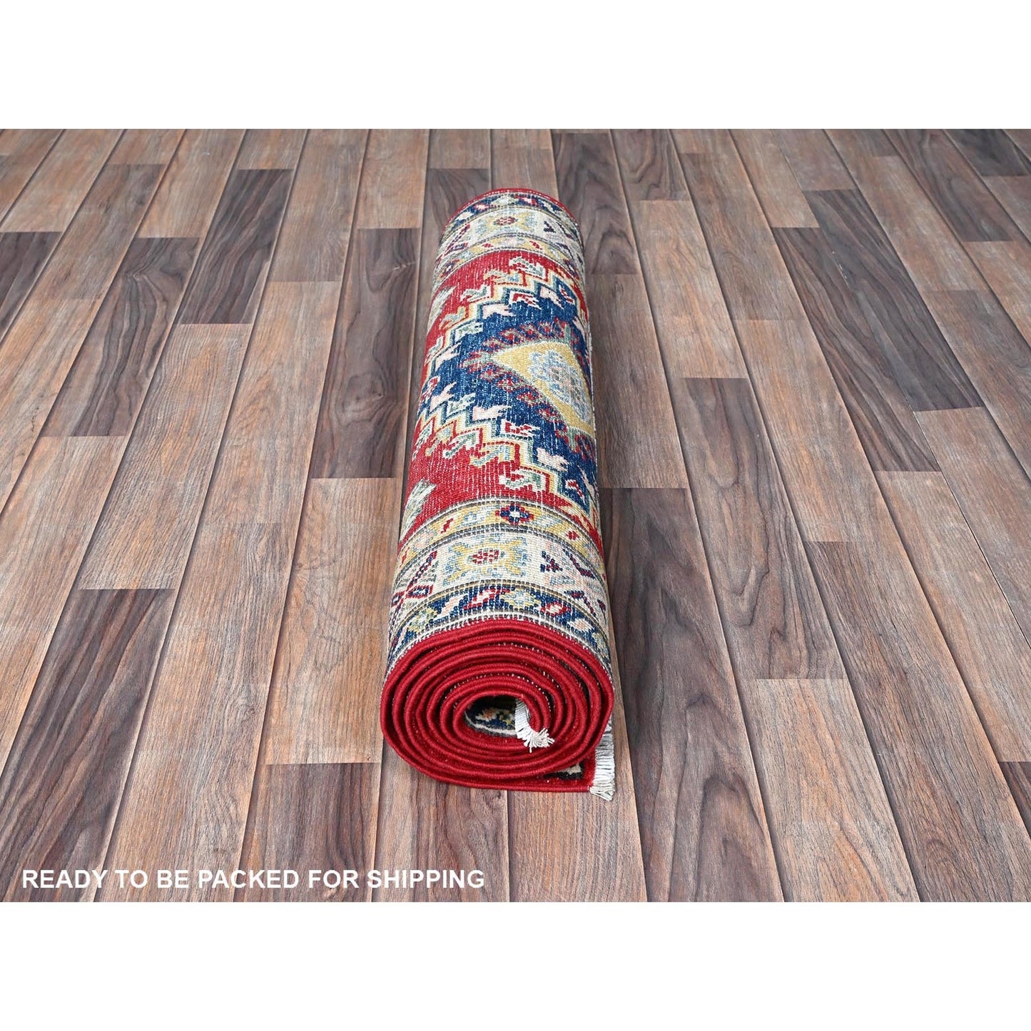 2'7"X8'1" Red Kazak With Tribal Design Hand Knotted Soft Wool Runner Rug