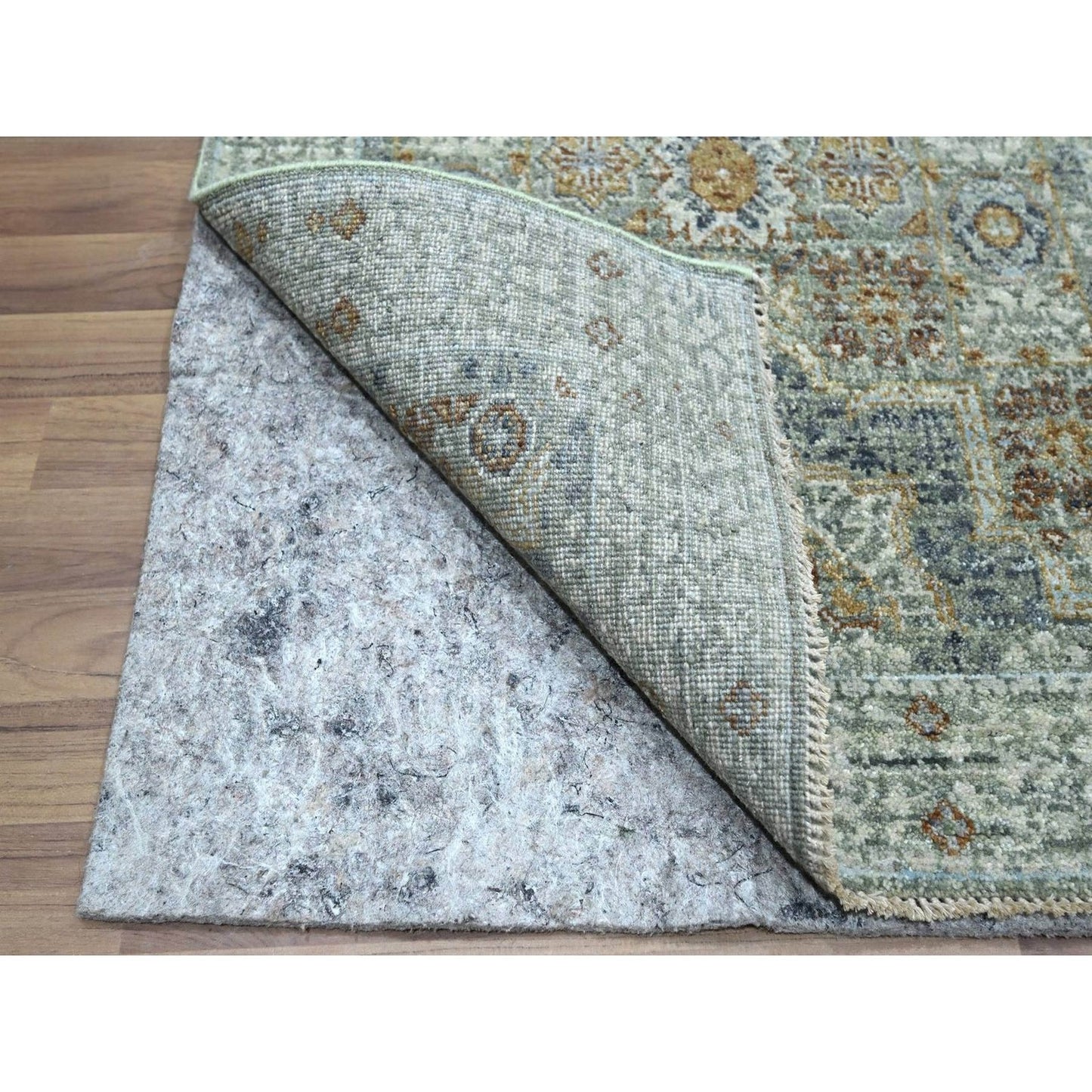 2'7"X12'1" Green Hand Knotted Wool Rug Pre Historic Mamluk Design Runner