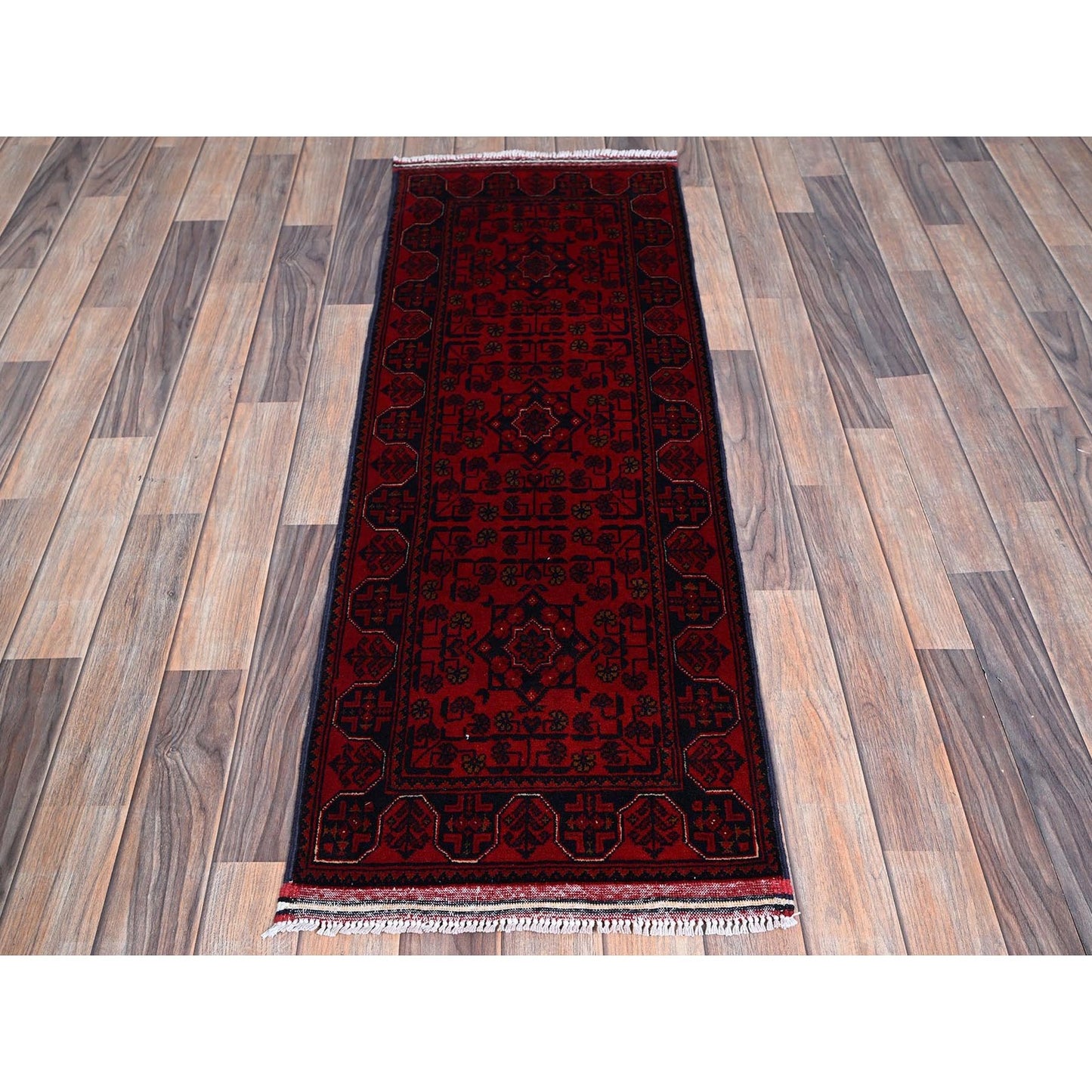 1'8"X4'9" Red Hand Knotted Afghan Khamyab Geometric Pattern Wool Runner Rug