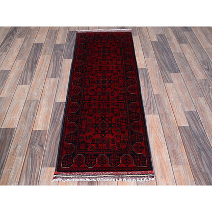 1'8"X4'9" Red Hand Knotted Afghan Khamyab Geometric Pattern Wool Runner Rug