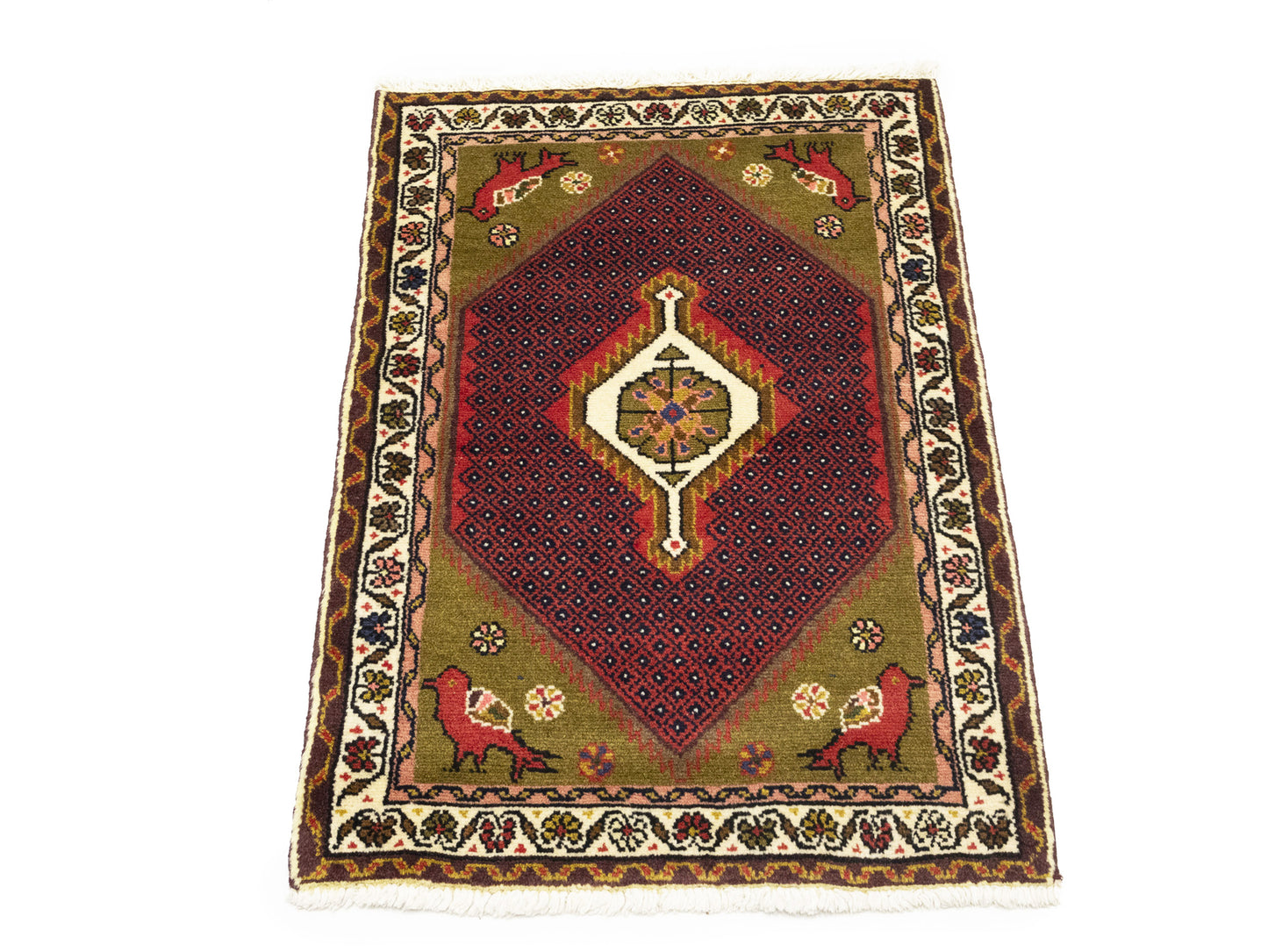 2X3 Ft Hand-Knotted Oriental Rug Animal Floral