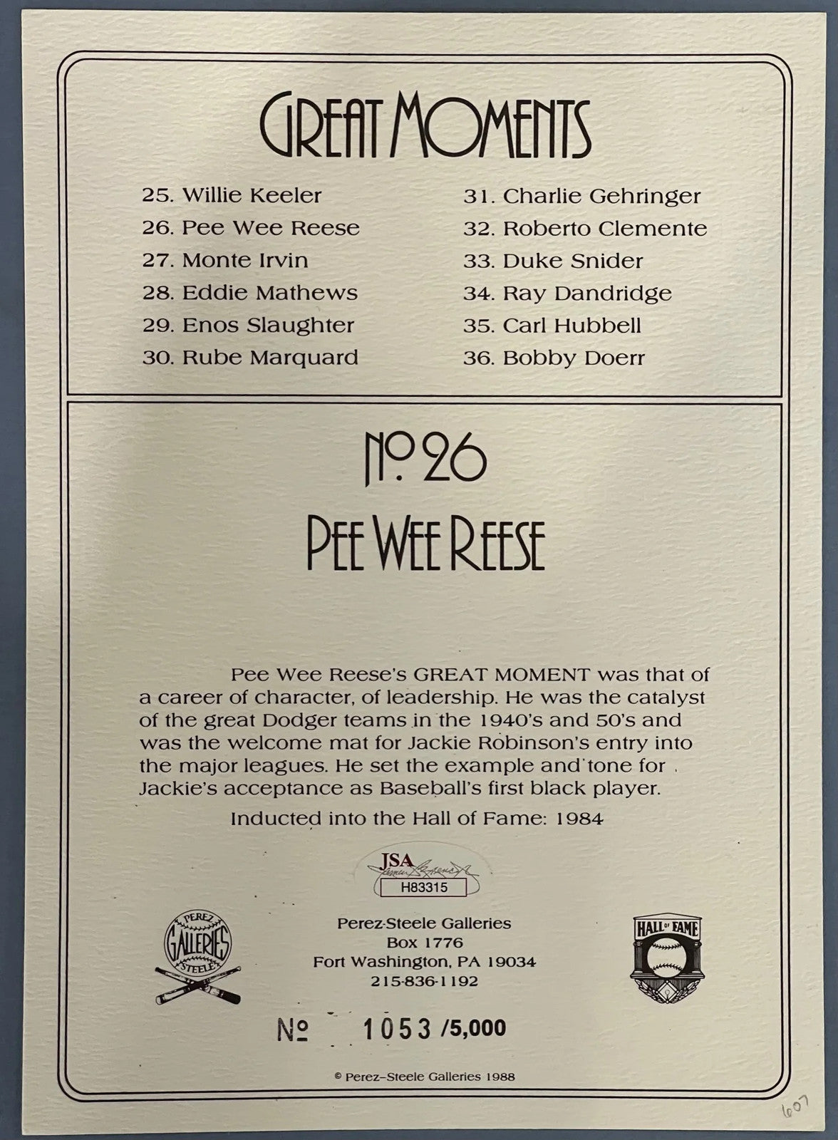 Pee Wee Reese Autographed Greatest Moments Postcard (Jsa)