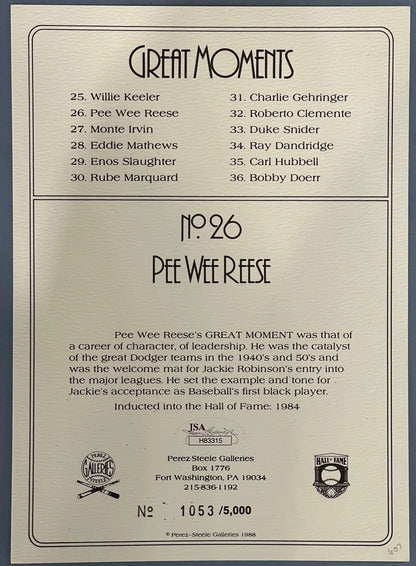 Pee Wee Reese Autographed Greatest Moments Postcard (Jsa)