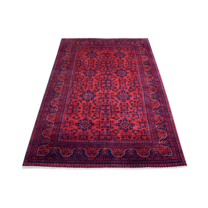 4'2"X6'6" Deep Red Afghan Khamyab Pure Wool Hand Knotted Oriental Rug