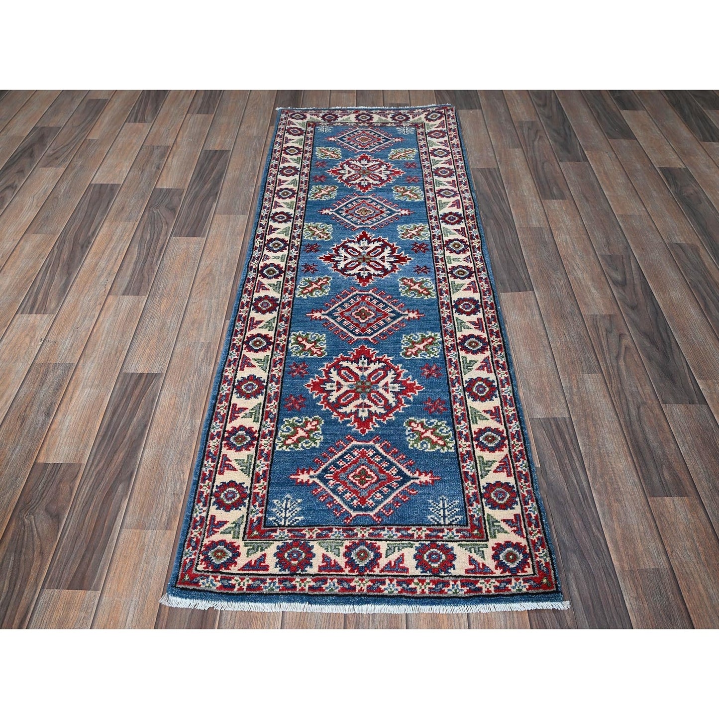 2'1"X5'10" Blue Kazak With Tribal Design Hand Knotted Soft Wool Runner Rug