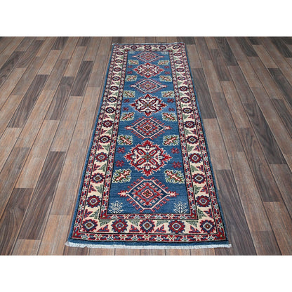 2'1"X5'10" Blue Kazak With Tribal Design Hand Knotted Soft Wool Runner Rug