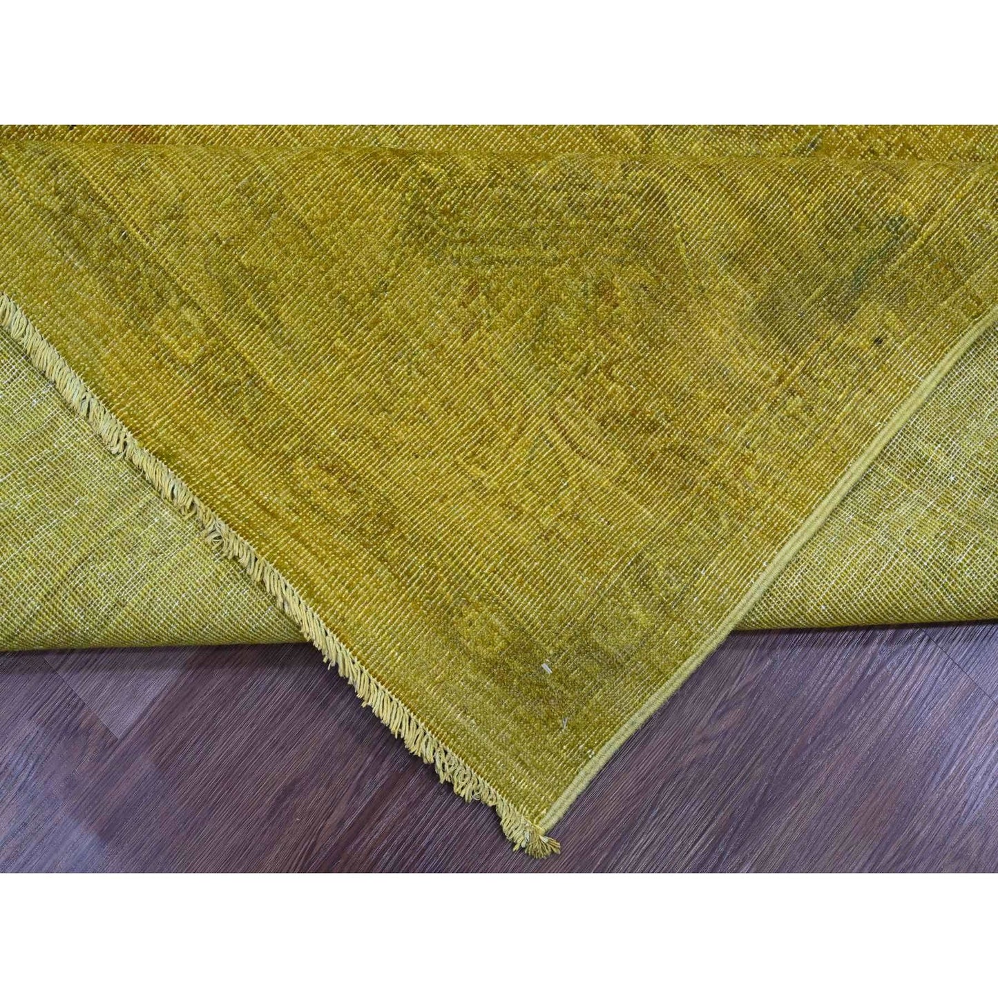 7'7"X9'7" Yellow Overdyed Zero Pile Tribal Design Hand Knotted Wool Rug
