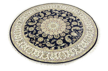 7X7 Ft Round Indo-Nain Oriental Rug Handmade Dark