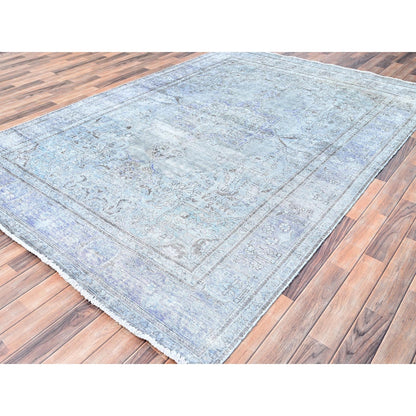 6'9"X9'10" Blue Gray Hand Knotted Vintage Zoroastrian Tebraz Wool Rug