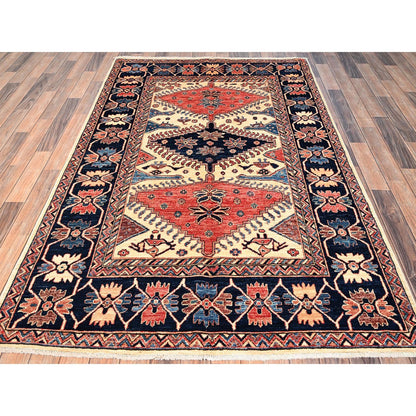 Knotted 4'10"x7'6" Ivory Pure Wool Rug Northwest Zoroastrian Design Hand