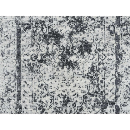 2'7"X12' Gray Wool/Silk Hand Knotted Erased Zoroastrian Design Runner Rug
