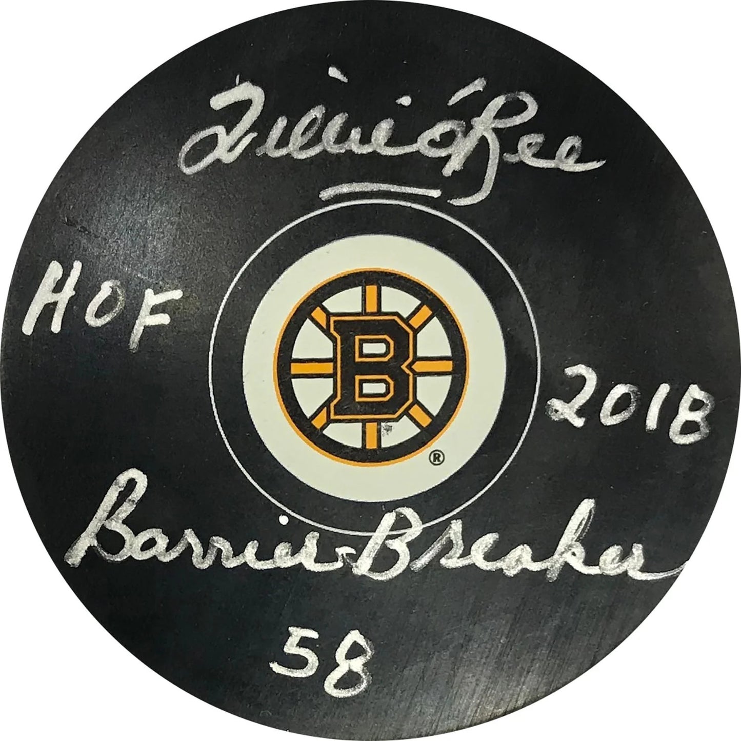Willie O'Ree "Hof 2018, Barrier Breaker 58" Autographed Boston Bruins Puck (Psa)