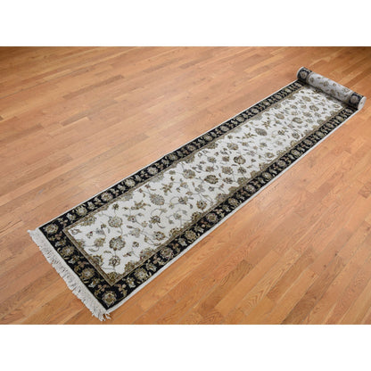 2'7"X16' Ivory Half Wool And Half Silk Runner Rajasthan Hand Knotted Rug