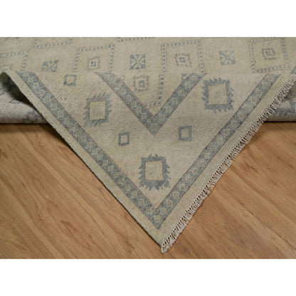 9'X12' Ivory Zero Pile Box Design Tribal With Motifhand Knotted Wool Rug