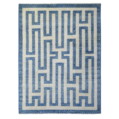 9'2"X11'9" Denim Blue Maze Design Berber Influence Hand Knotted Wool Rug