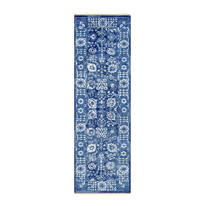 2'6"X8' Blue Hand Knotted Tebraz Leaf Design Wool And Silk Runner Rug