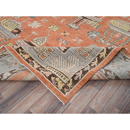 12'1"X14'6" Orange Khotan And Samarkand Design Hand Knotted Soft Wool Rug