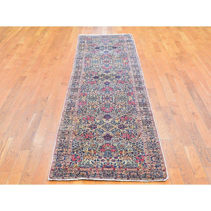 2'8"X11'6" Ivory Antique Farsian Karman Flower Design Wool Hand Made Rug