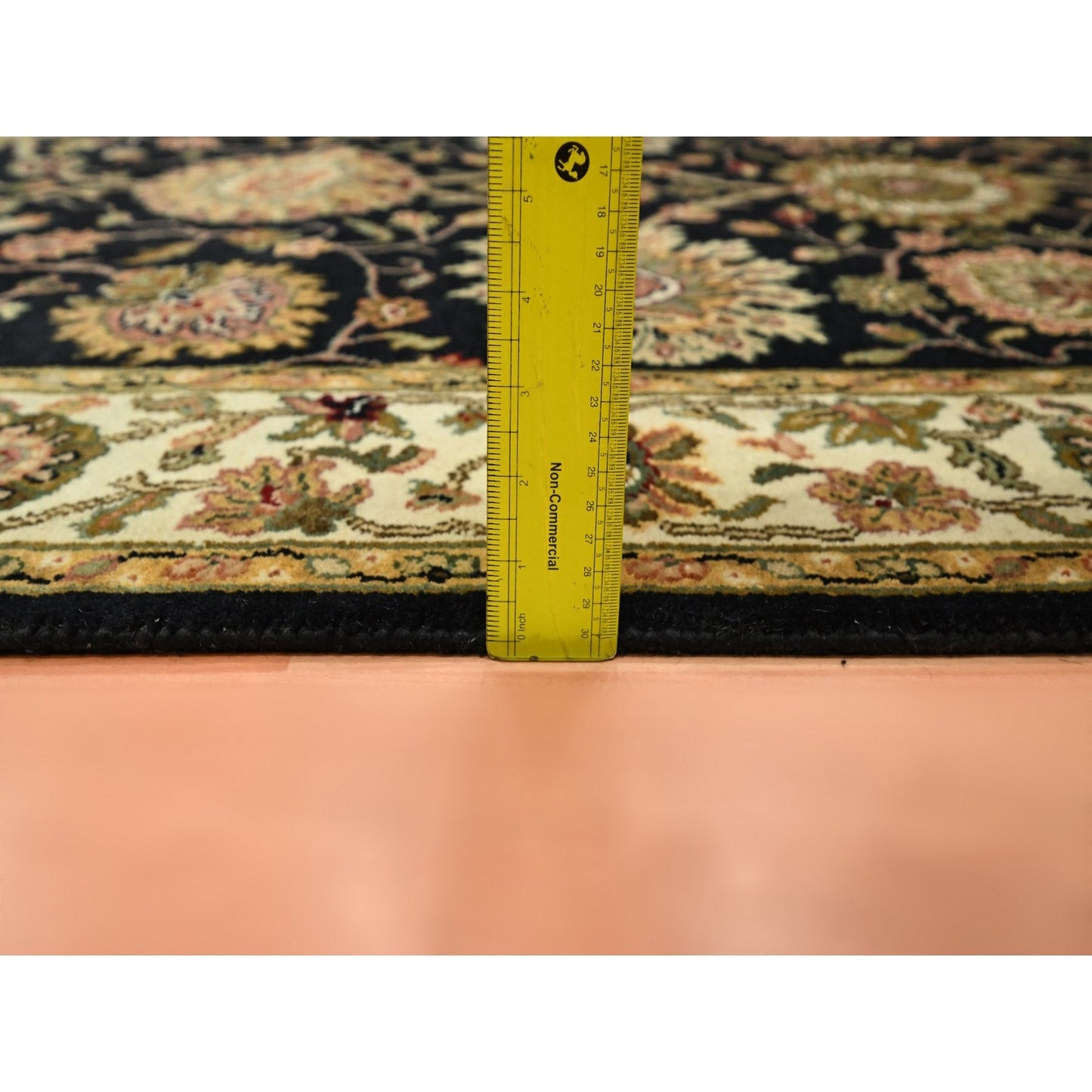 4'X15'9" Black Rajasthan Leaf Design Hand Knotted Wool & Silk Runner Rug