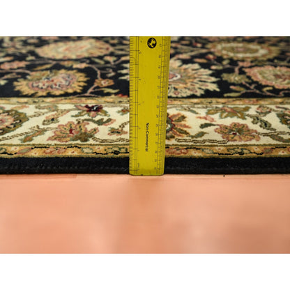 4'X15'9" Black Rajasthan Leaf Design Hand Knotted Wool & Silk Runner Rug