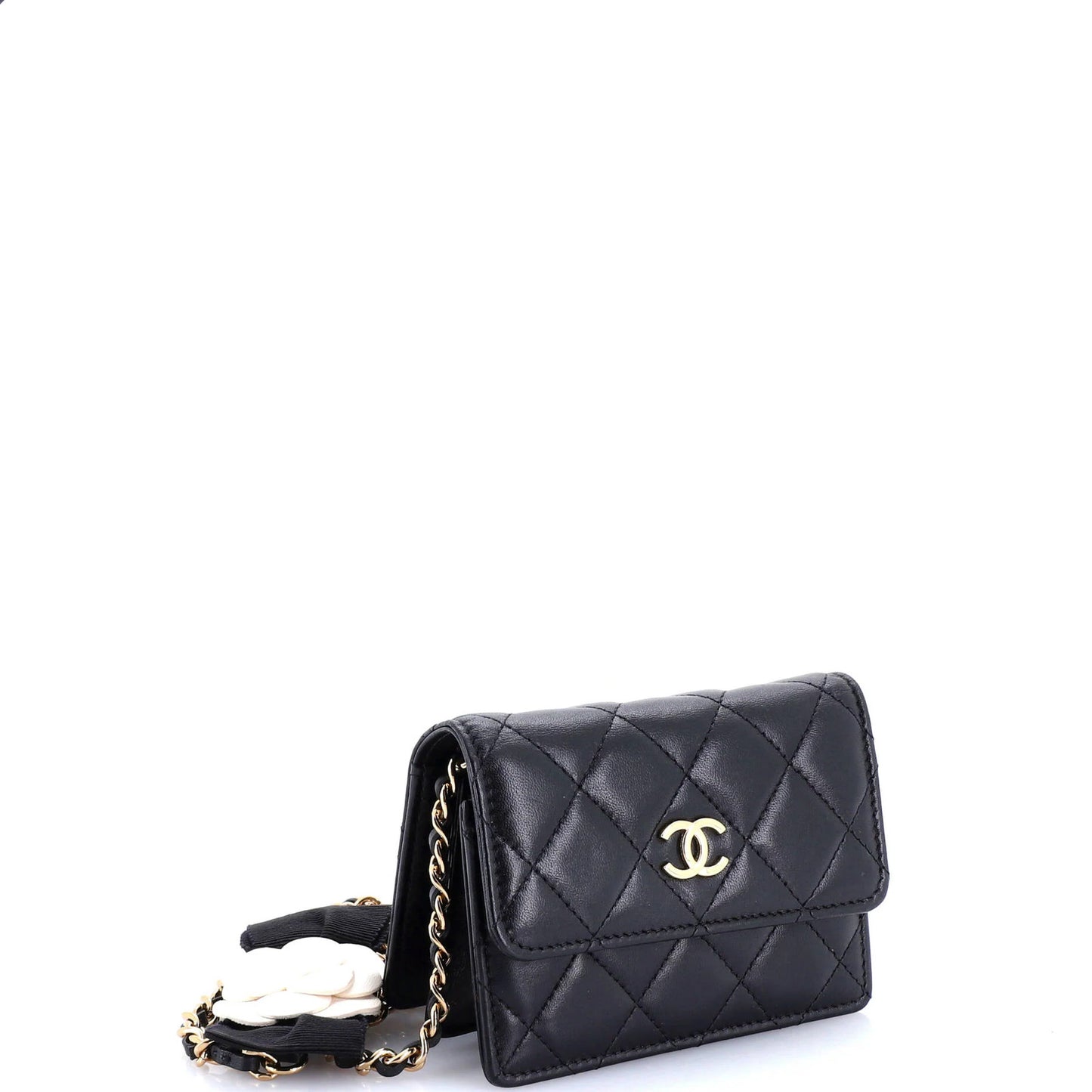 Chanel Camellia Bow Flap Card Holder With Chain Quilted Lambskin