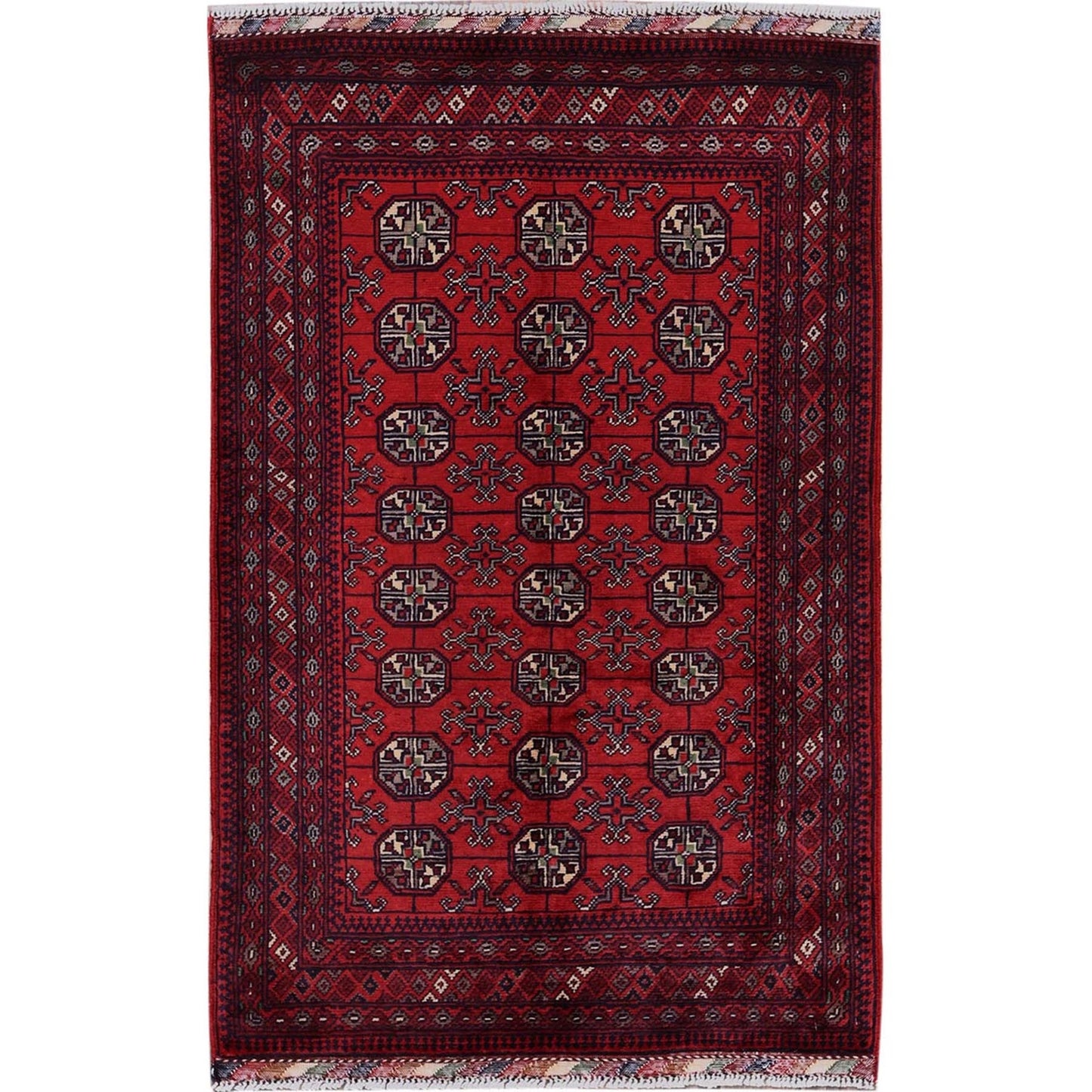 2'7"X4' Red Princess Bokara Geometric Pattern Hand Knotted Wool Sample Rug